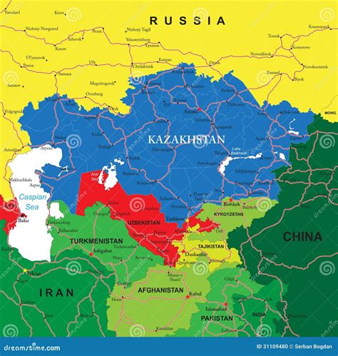 Mapa Kazachstanu z zaznaczonymi głównymi miastami i regionami.
