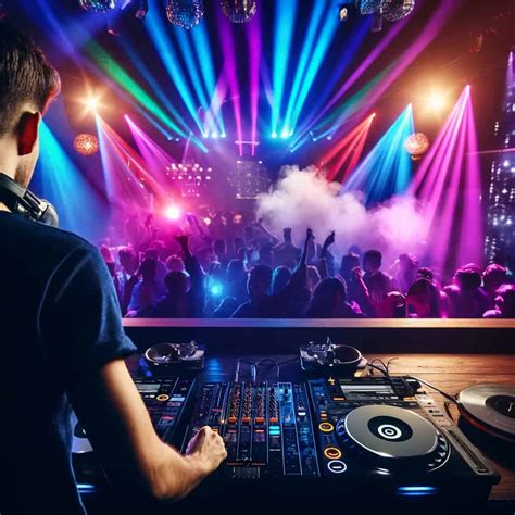 DJ przy konsoli mikserskiej oświetlonej kolorowymi światłami